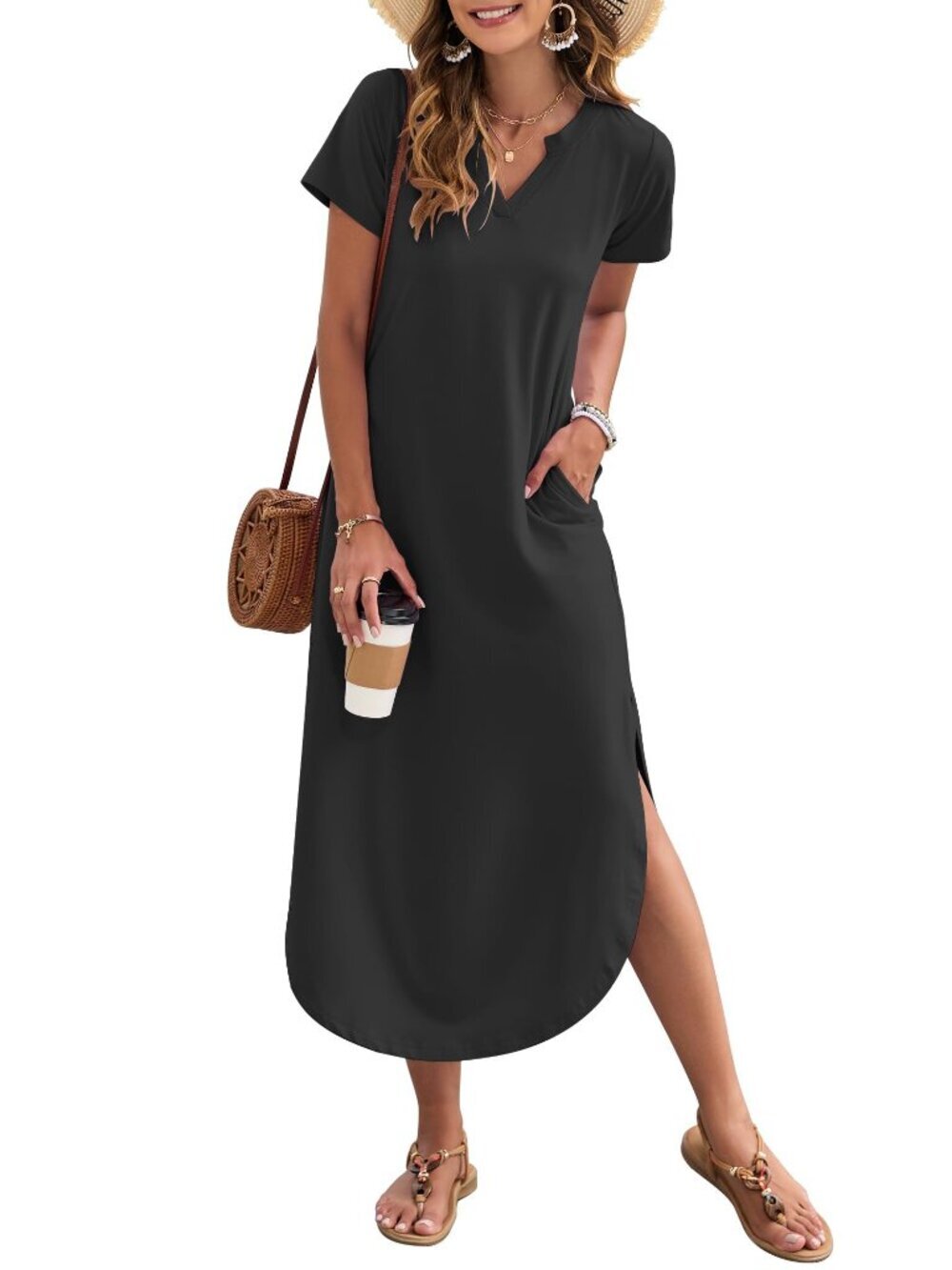 🆕 Women's Summer Maxi Dress Short Sleeves Casual V Neck Sundress Loose Fit - Picture 4 of 4